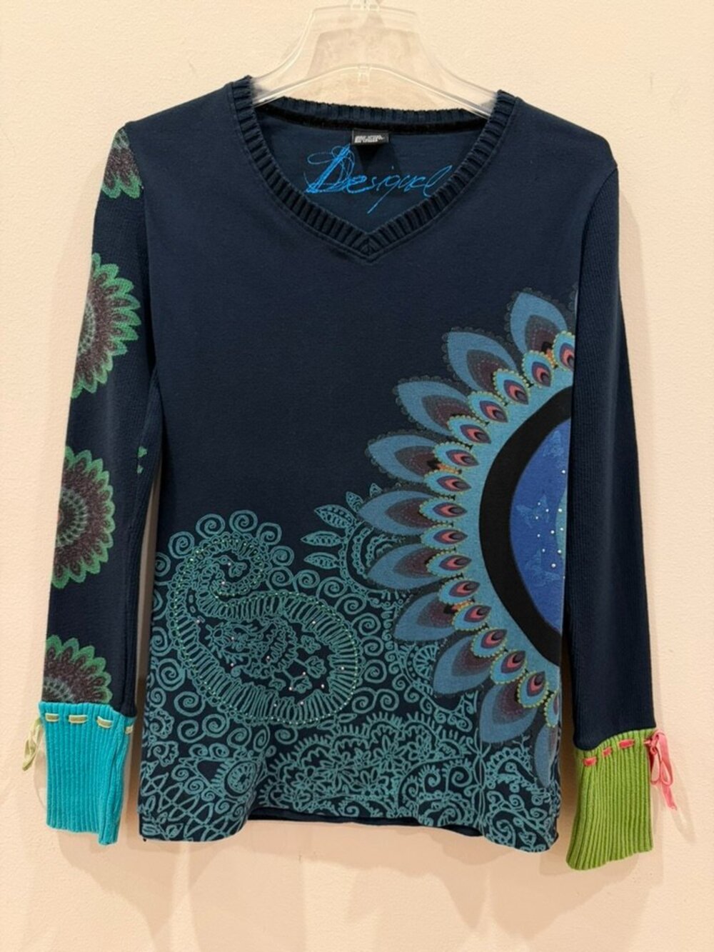 Desigual Peacock Sweater Women M Medium Cotton Embellished Rhinestones V Neck
